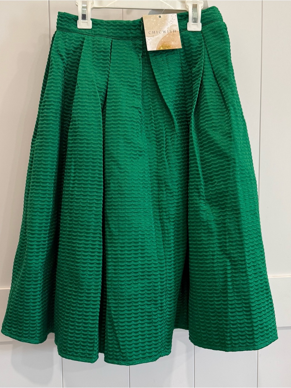Green Textured Midi Skirt S Bold Emerald Green Statement Piece